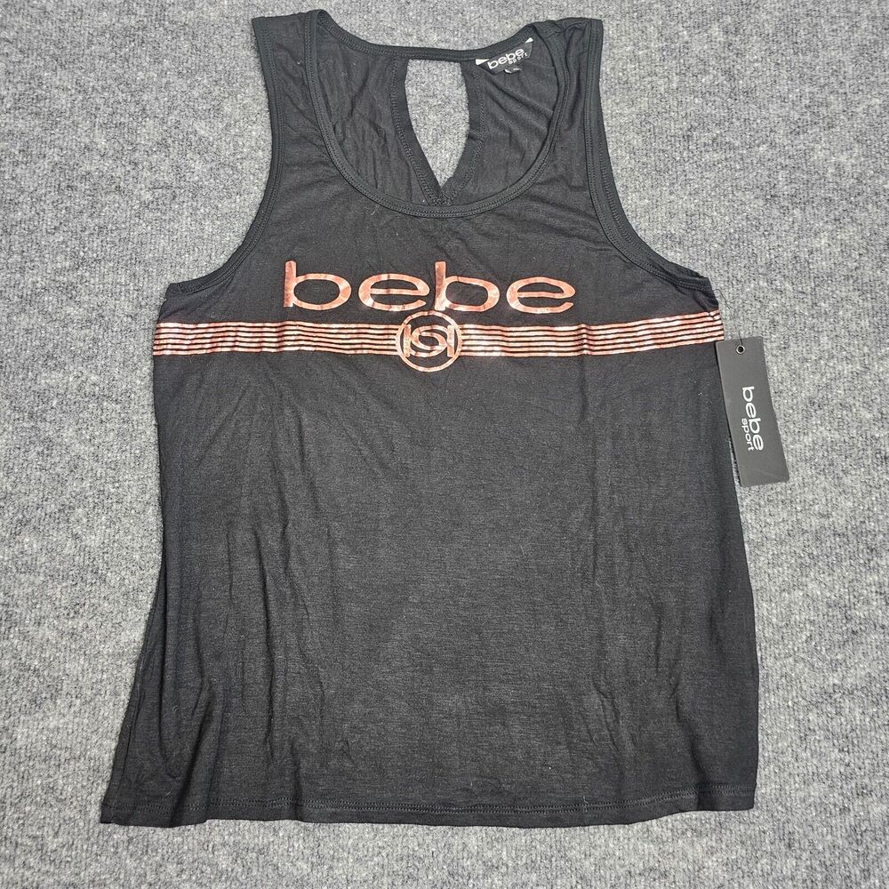 BEBE Tank Womens X-Large Black Metallic Foil Front Logo Super Soft Knit Top NWT